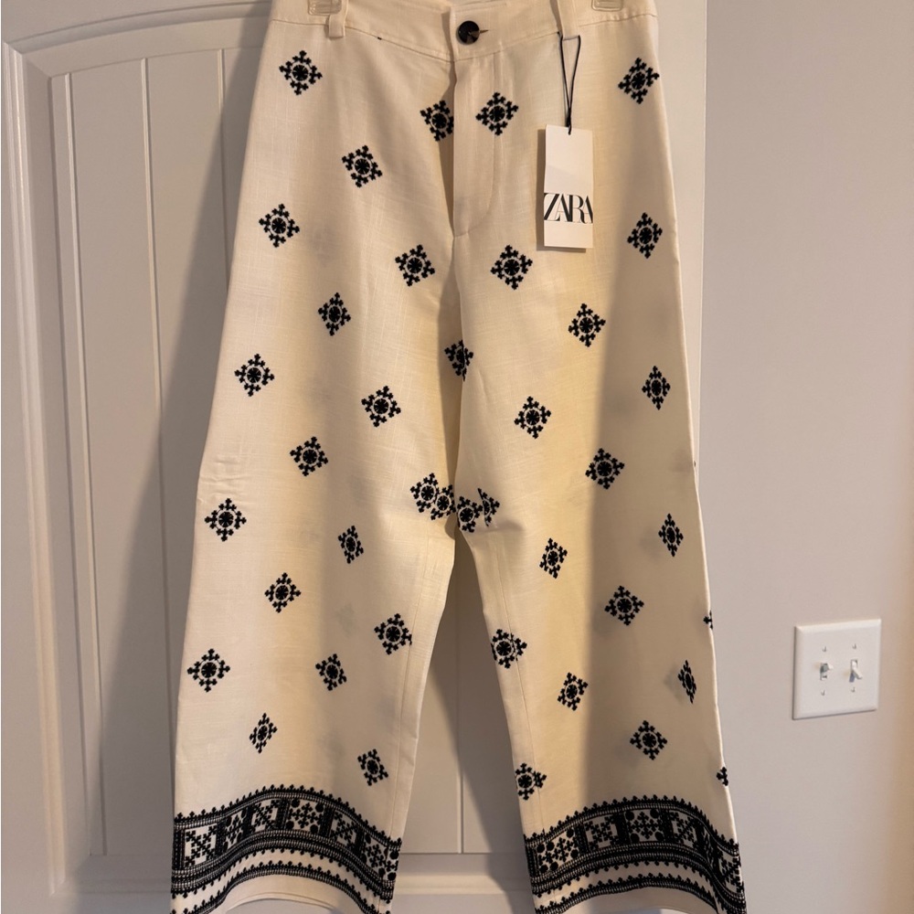 Zara Linen Blend Cream and Black Wide Leg Pants NWT size S - Picture 2 of 4